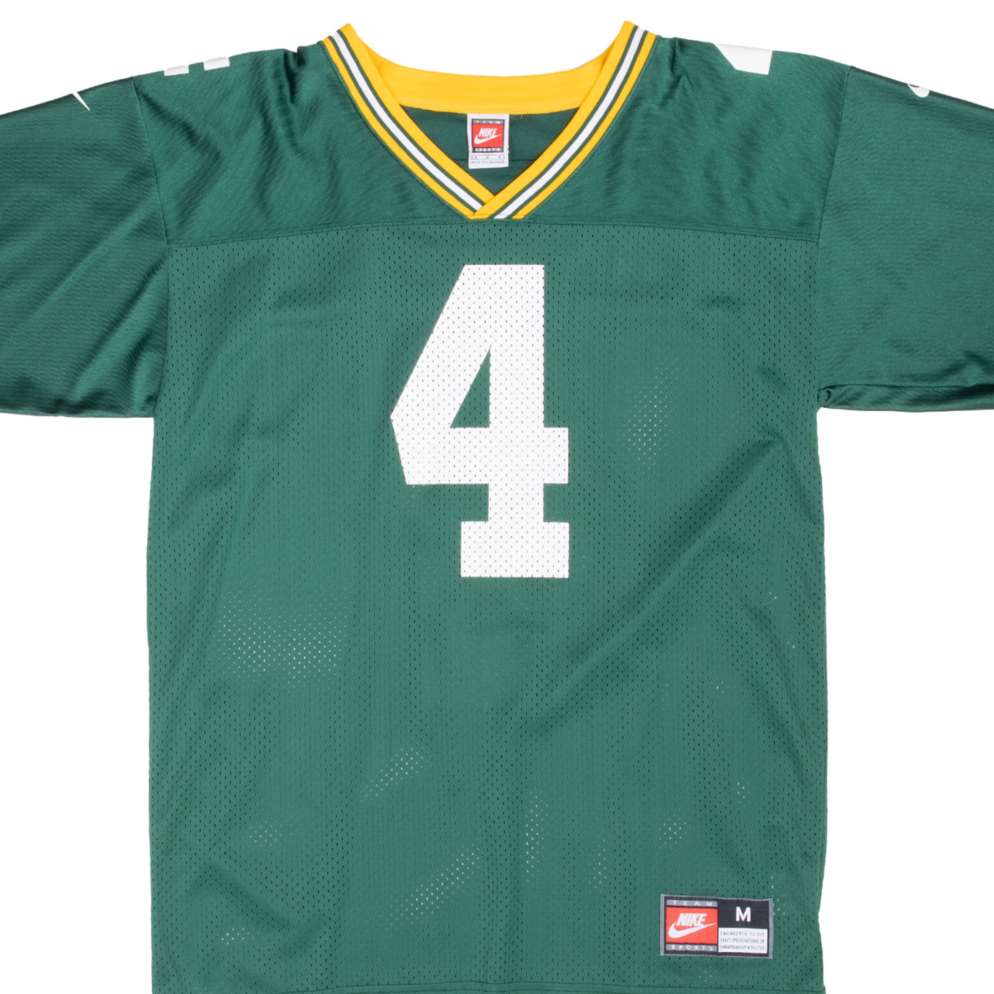 Front detail of green Nike Green Bay Packers Brett Favre #4 mesh jersey