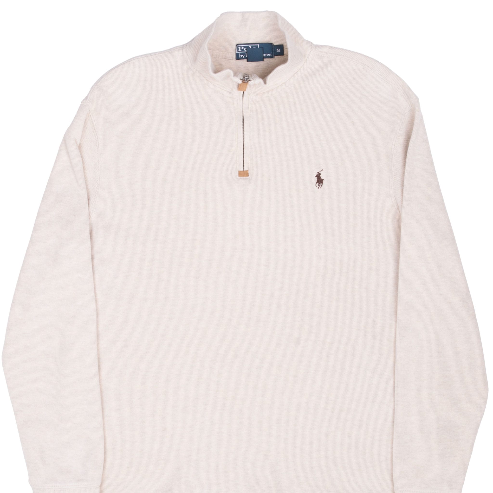 Front upper view of beige Polo Ralph Lauren quarter-zip sweater with embroidered pony logo