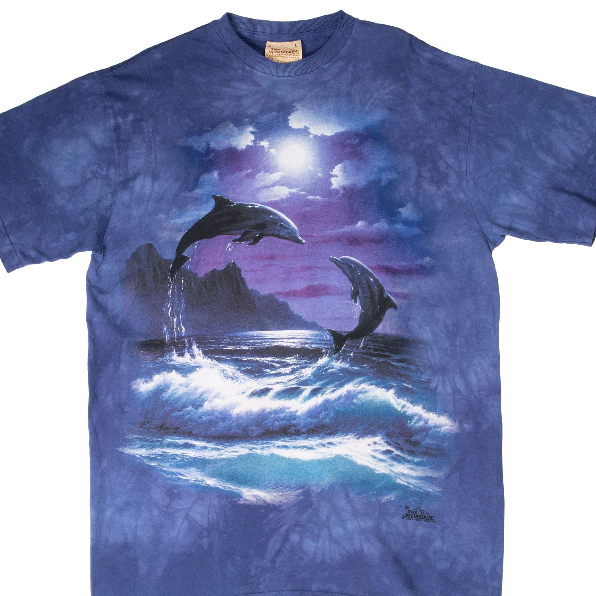 Front of blue and purple The Mountain tie-dye T-shirt with dolphins leaping over moonlit ocean waves