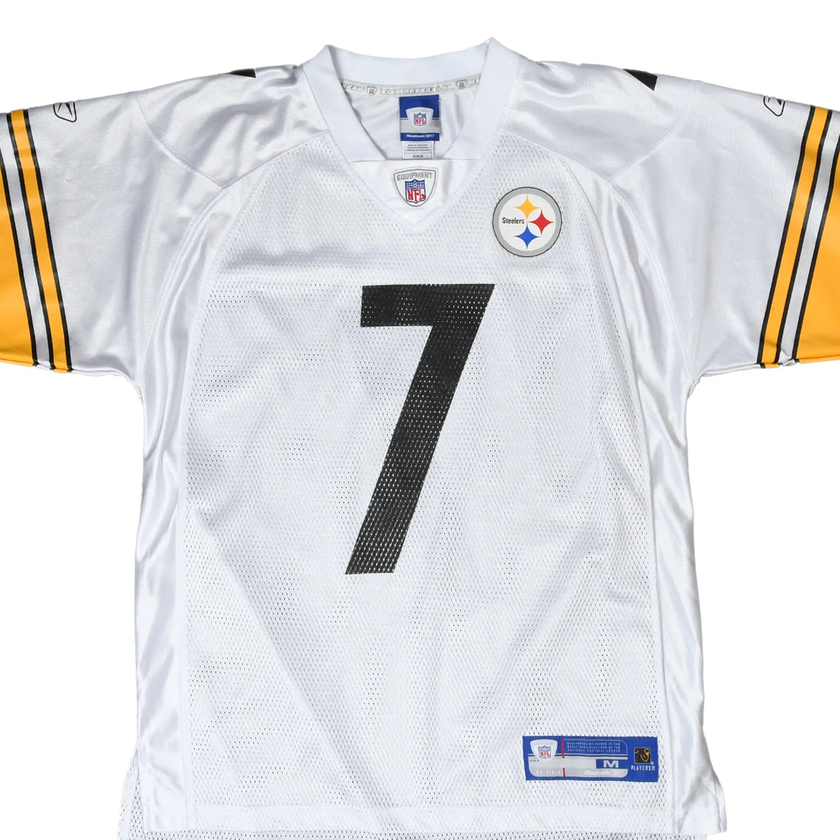 Front of white Reebok Pittsburgh Steelers Roethlisberger #7 jersey with yellow striped sleeves