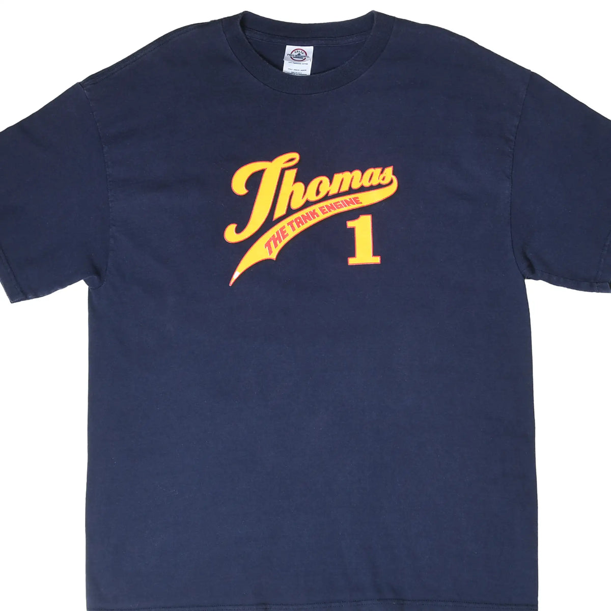 Close front view of navy Thomas the Tank Engine T-shirt with yellow and red Thomas 1 chest print