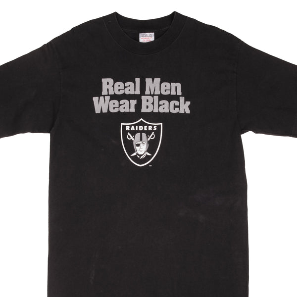 Vintage NFL Los Angeles Raiders Real Men Wear Black Tee Shirt 1990S Size Large Made In USA With Single Stitch Sleeves
