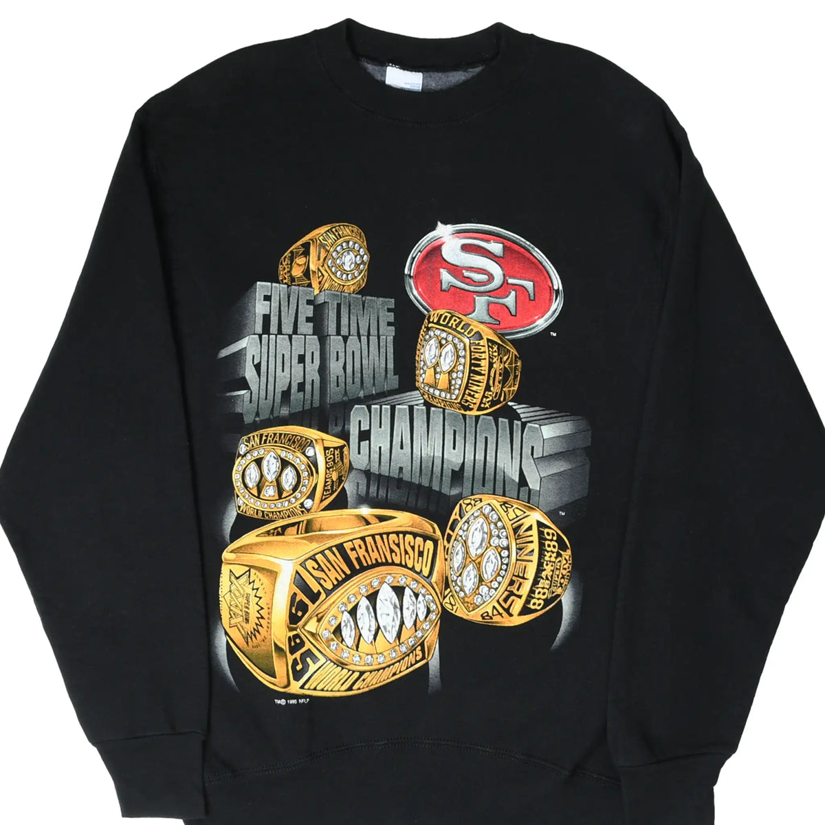 Front of black San Francisco 49ers sweatshirt with five Super Bowl championship rings graphic