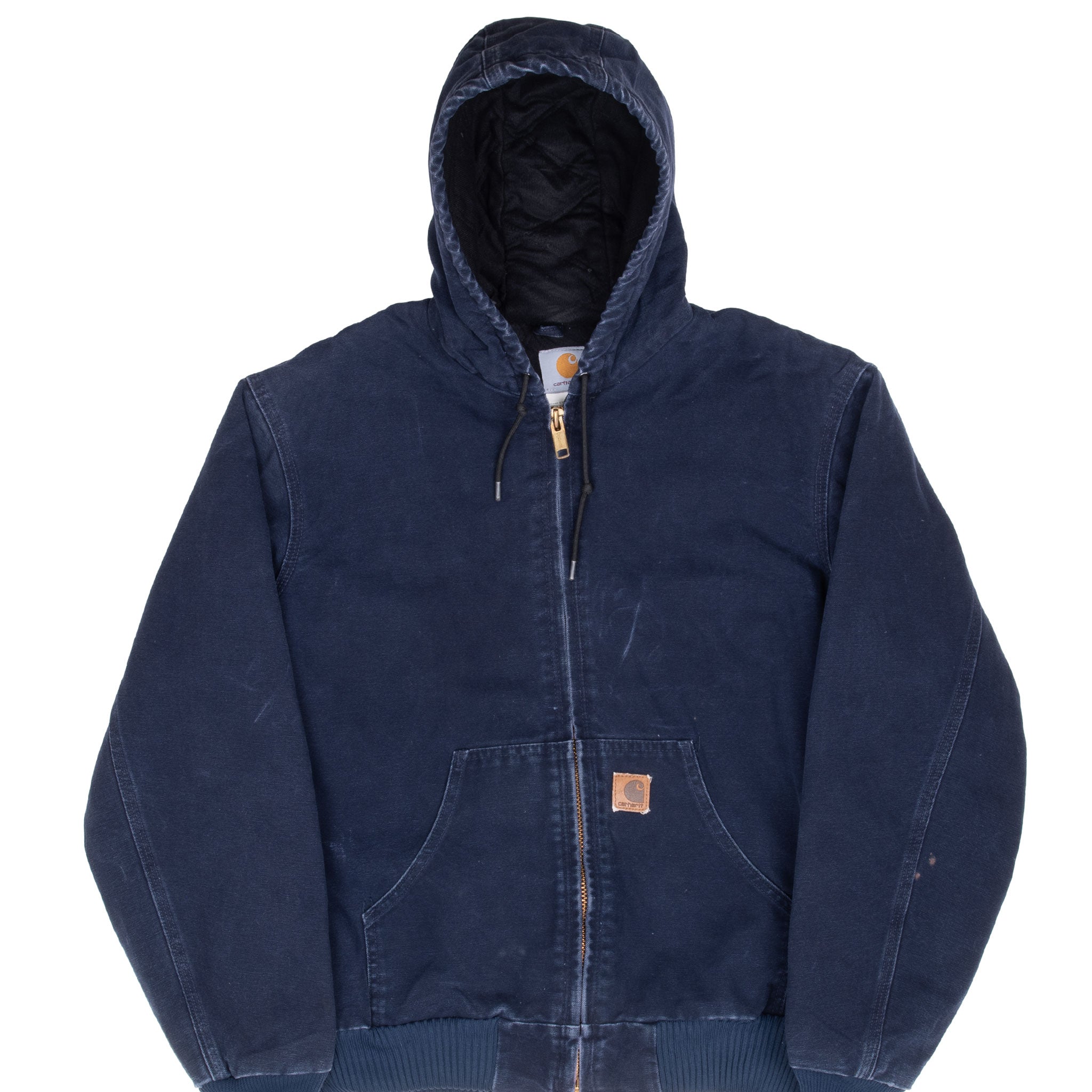 Vintage Carhartt Navy Blue Hooded Active Jacket J130MDT 1990S Size Medium