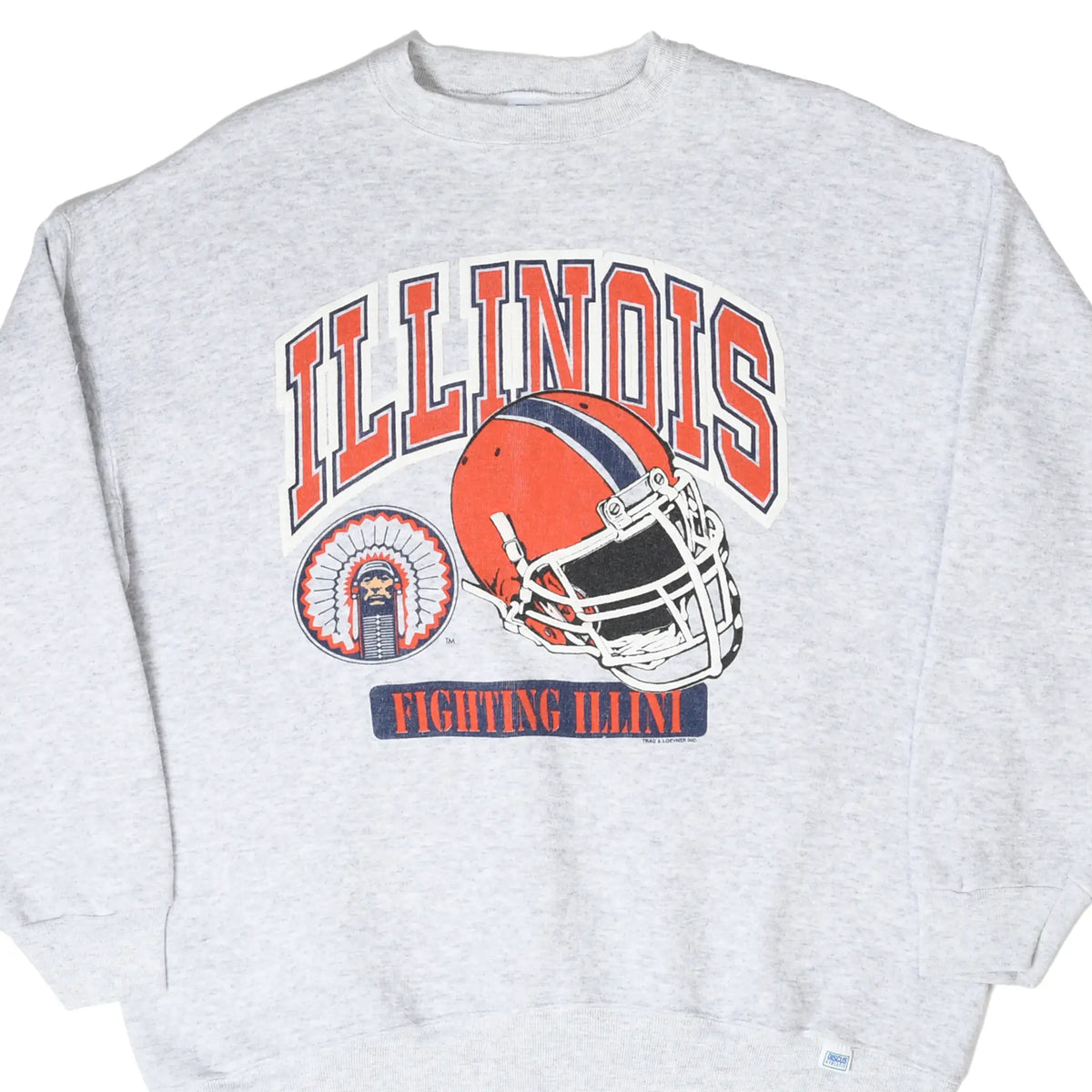 Front of grey Illinois Fighting Illini crewneck with orange helmet and team logo graphic