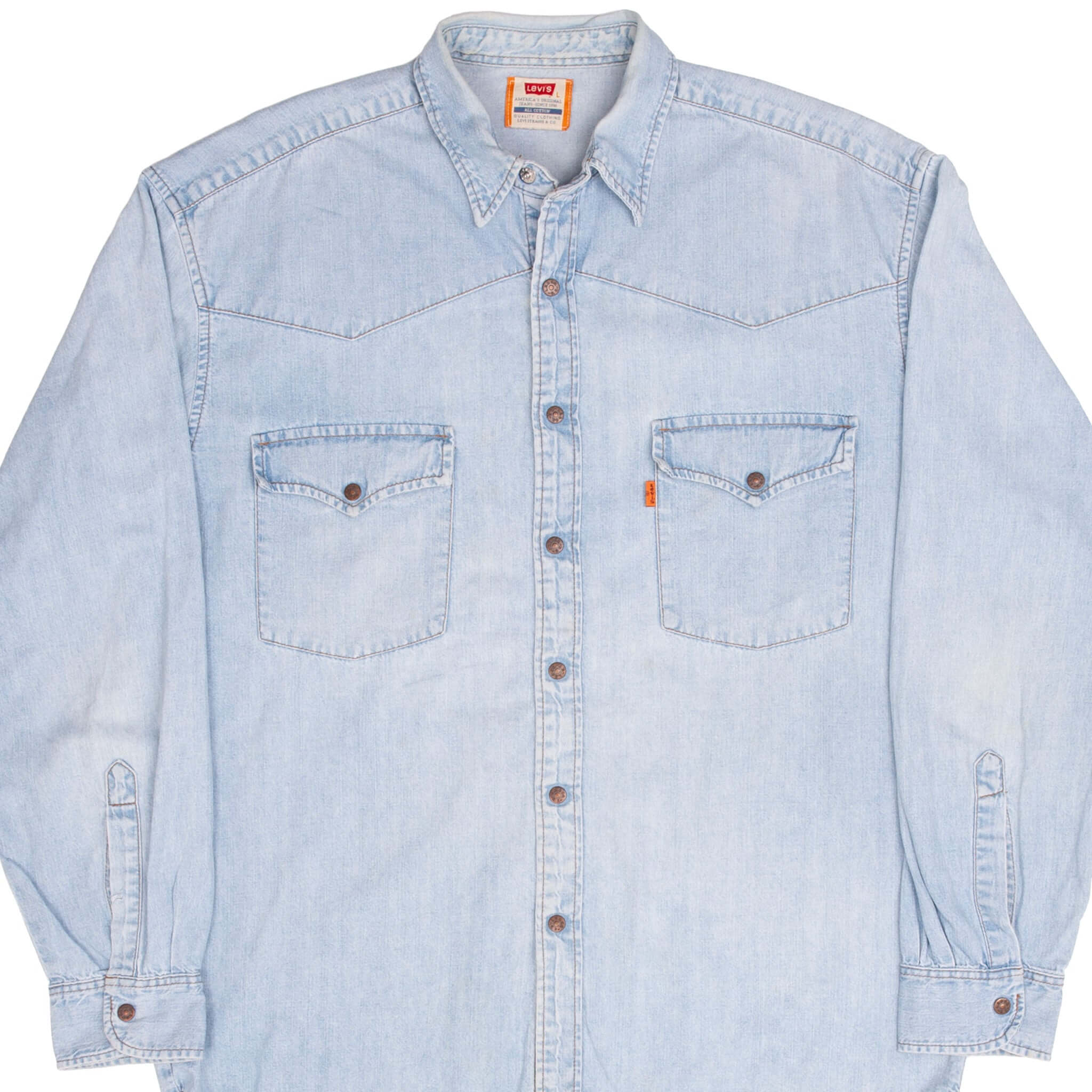 VINTAGE LEVIS DENIM BLUE WESTERN POCKET SHIRT ORANGE TAB 1990S 