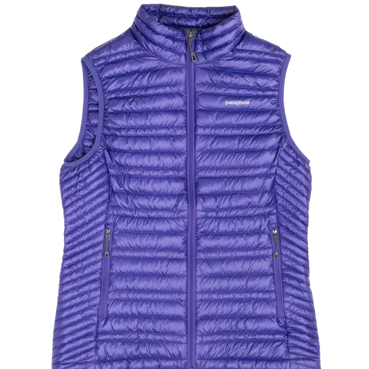 Front detail of purple Patagonia women's Ultralight Down vest with quilting and zip pockets