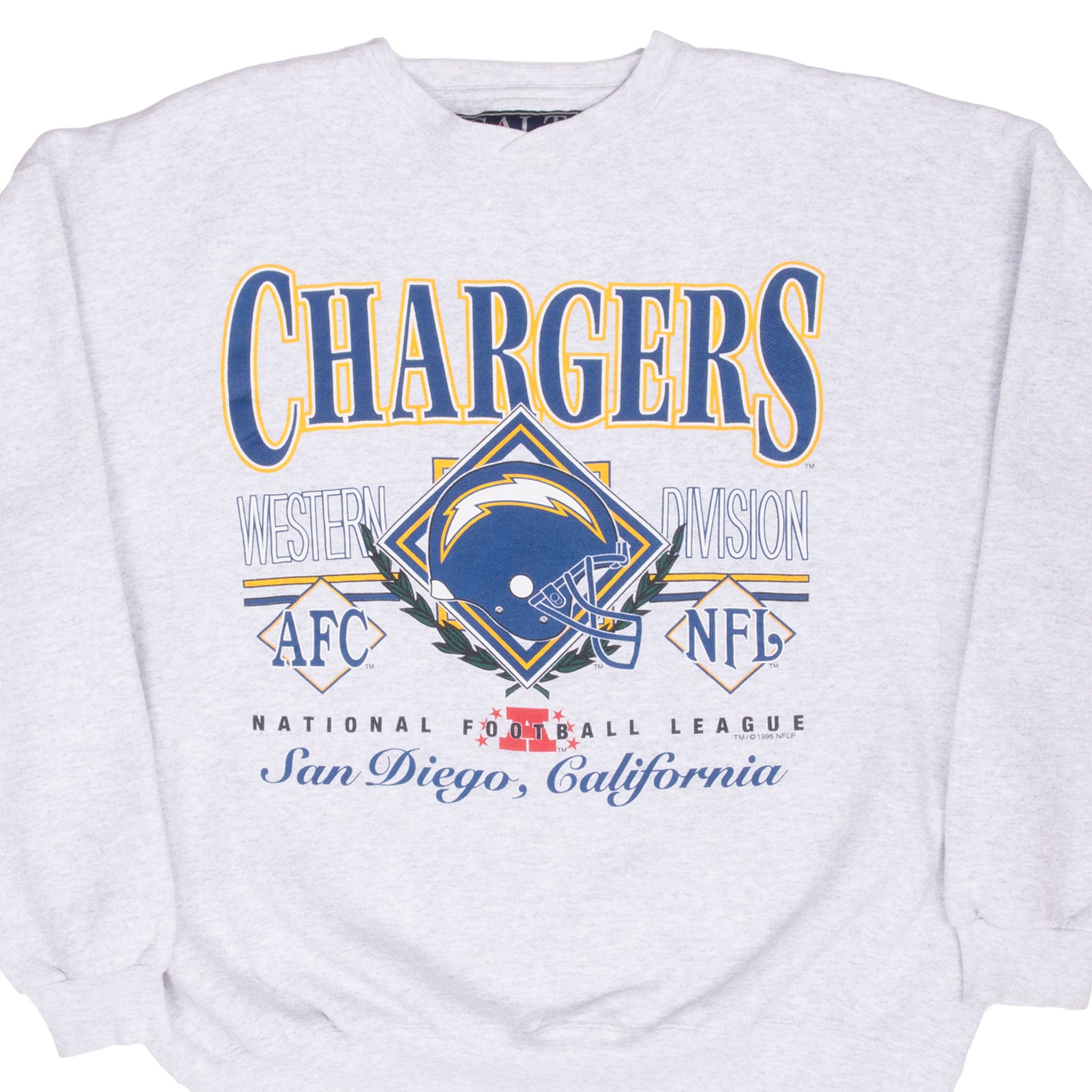 Front of light gray San Diego Chargers sweatshirt with blue and gold helmet graphic