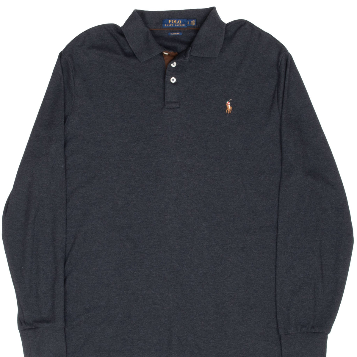 Front of dark grey Ralph Lauren long-sleeve polo shirt with embroidered pony logo