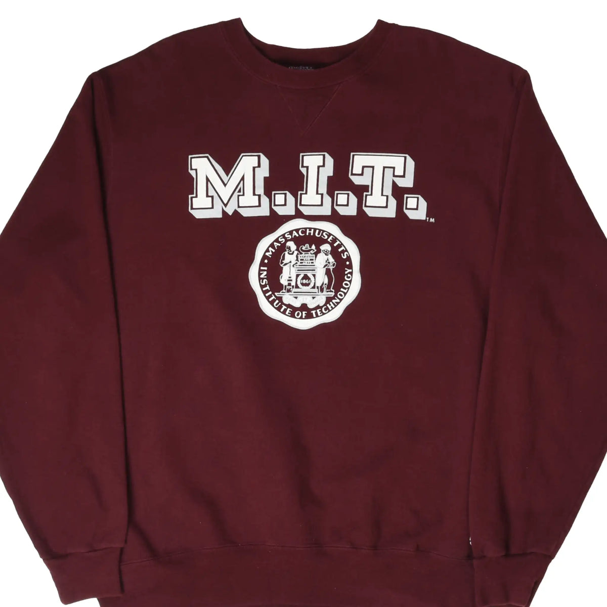 Front of burgundy Champion sweatshirt with white M.I.T. lettering and Massachusetts Institute of Technology seal