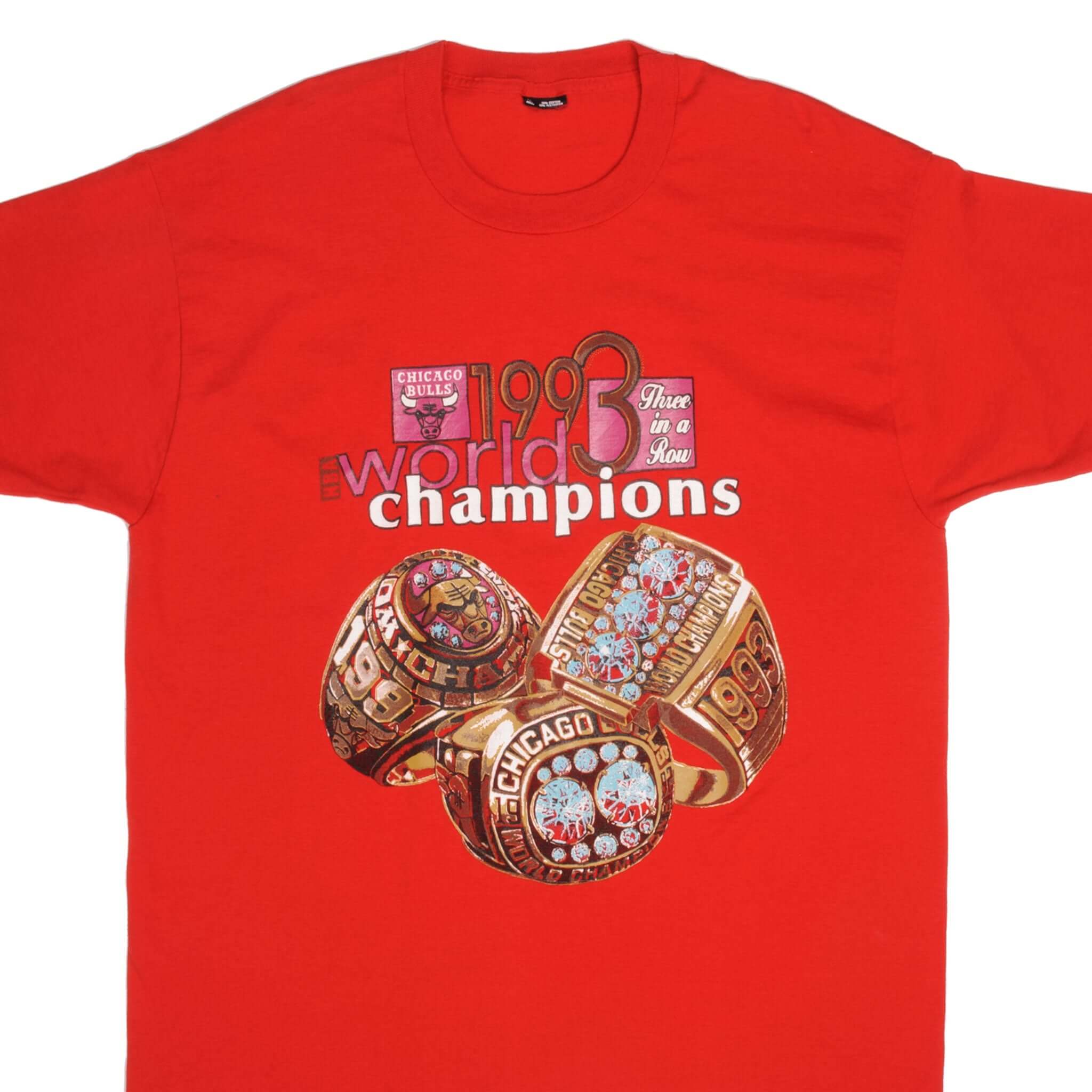 Vintage Red NBA Chicago Bulls 1991 1992 1993 World Champs Tee Shirt Size XL Made In USA With Single Stitch Sleeves