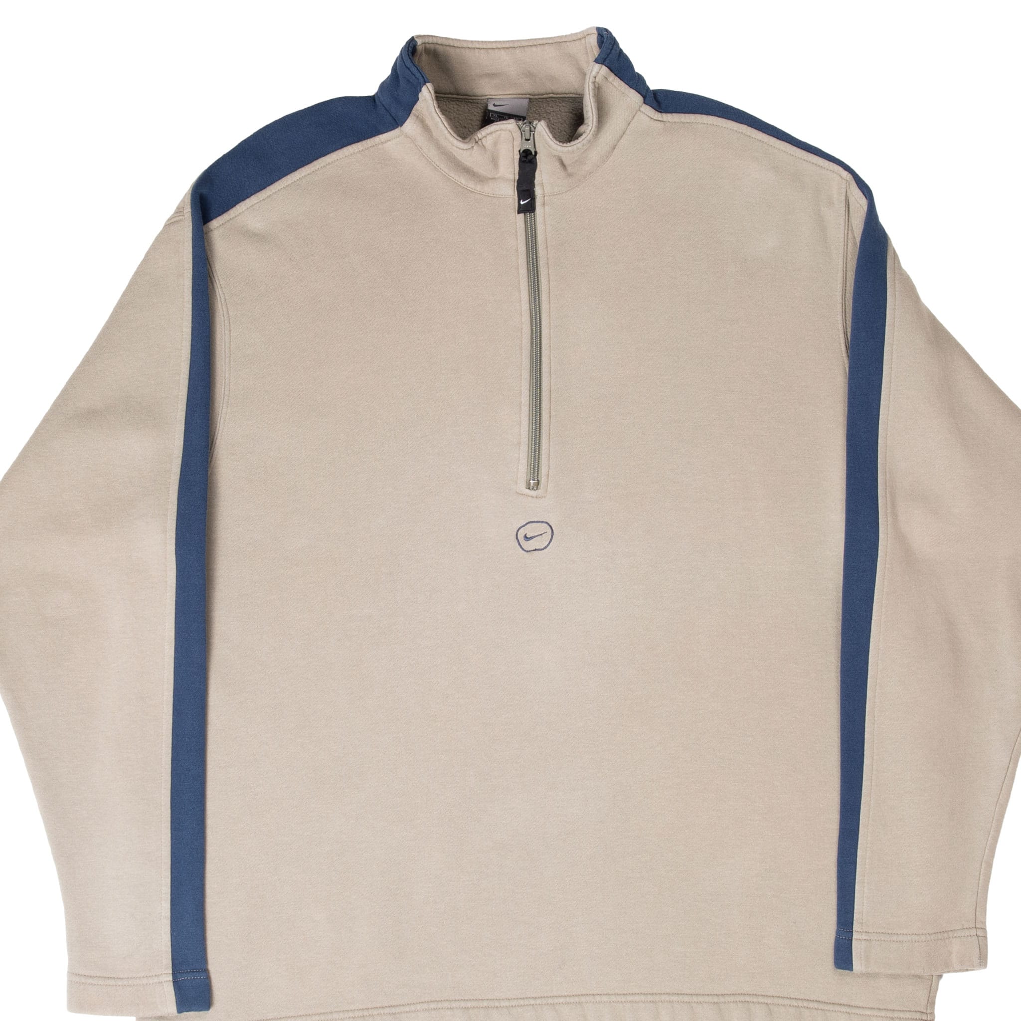 Front of beige Nike quarter-zip sweatshirt with navy shoulder and sleeve stripes