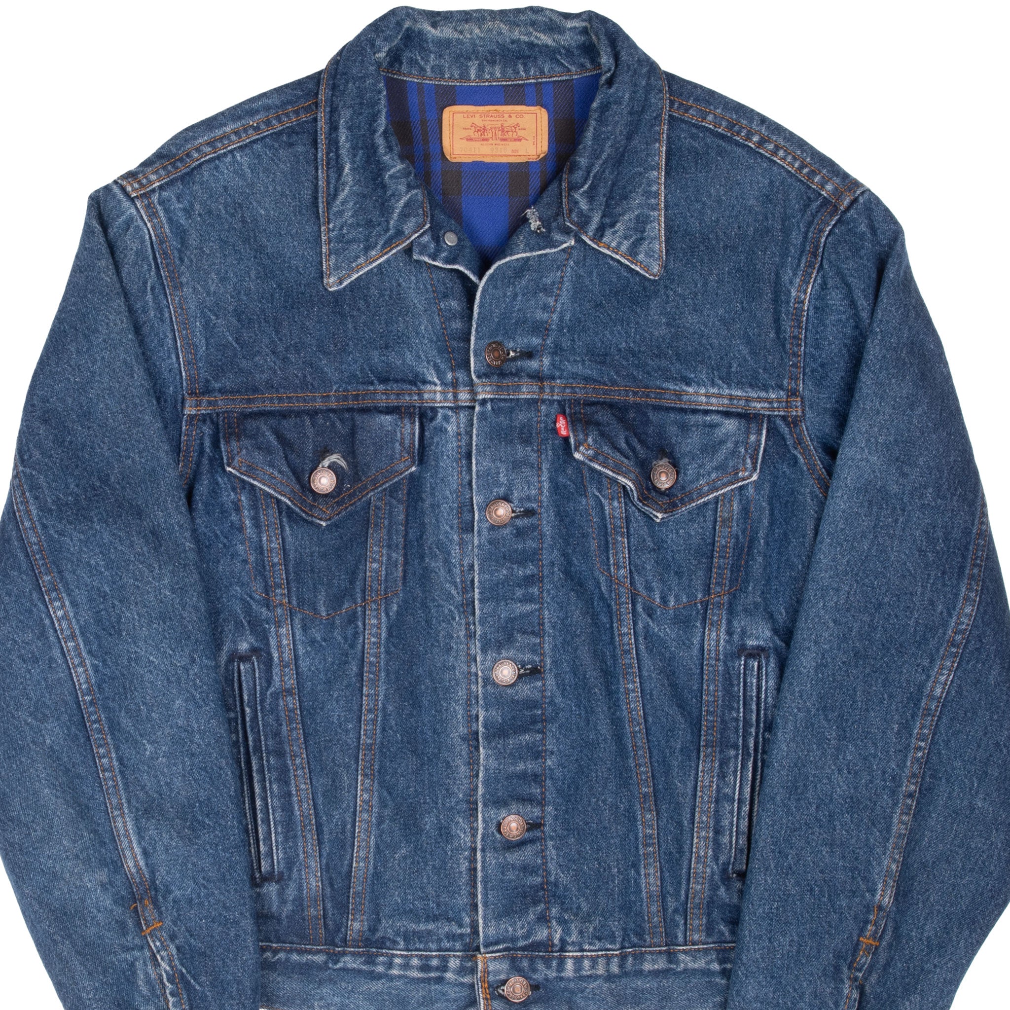 Beautiful Vintage Levis Type 3 Plaid Lined Jacket With a Medium Dark Wash 4 Pockets 1980S Size Large Made In USA
704119818