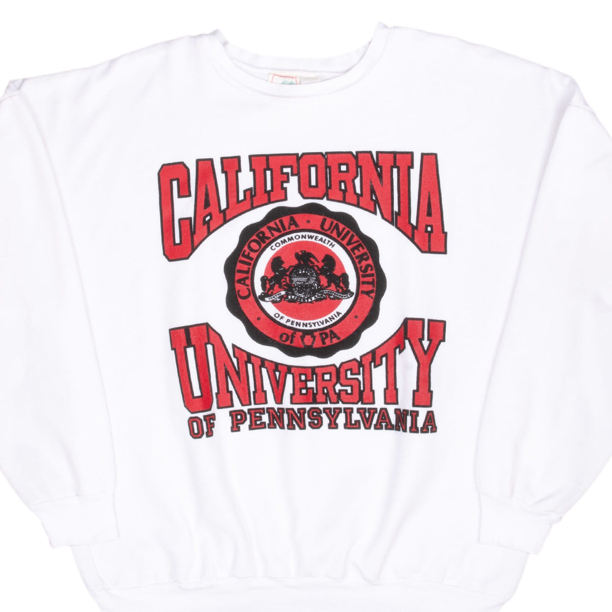 Front of white California University of Pennsylvania sweatshirt with red and black seal graphic