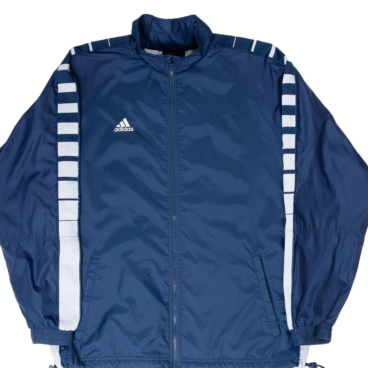 Front of navy Adidas windbreaker with white striped sleeve panels and embroidered chest logo