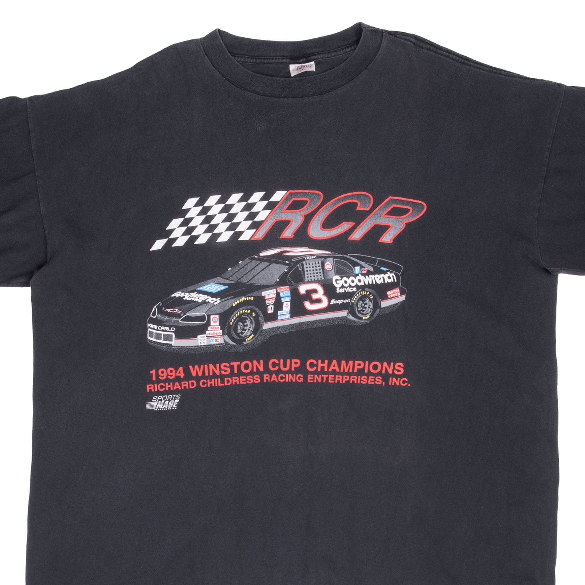 Front graphic of black Dale Earnhardt T-shirt with RCR No. 3 car and 1994 Winston Cup Champions text