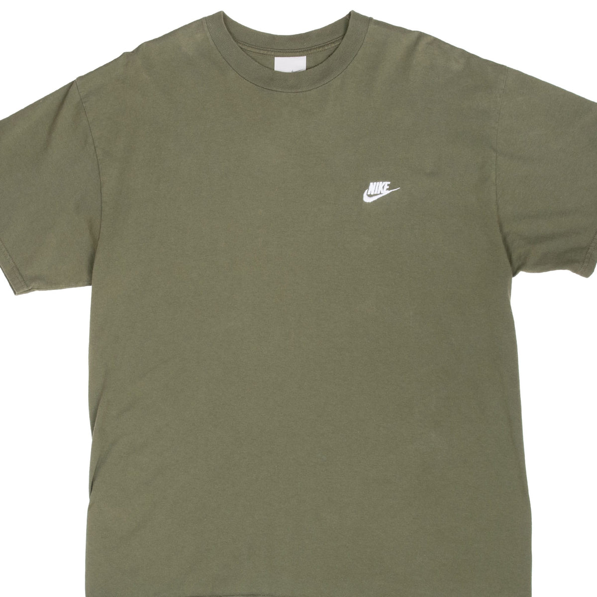 Front upper view of olive green Nike T-shirt with white embroidered chest logo