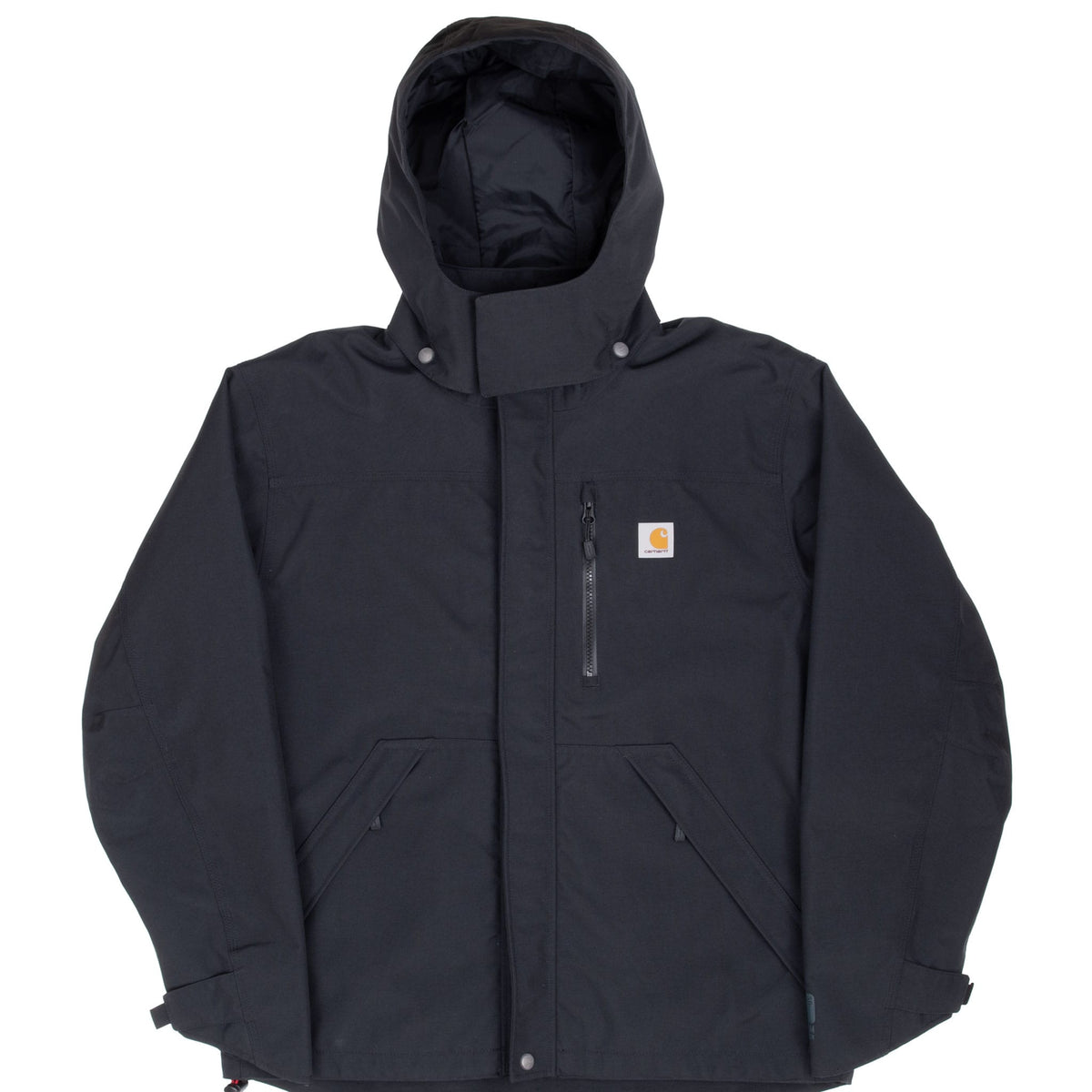 Front of black Carhartt Shoreline hooded jacket with covered zipper and angled pockets