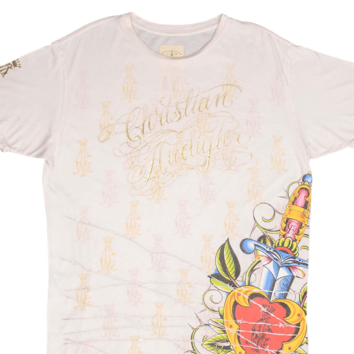 VINTAGE CHRISTIAN AUDIGIER ALL OVER PRINT TEE SHIRT 2000S SIZE LARGE M