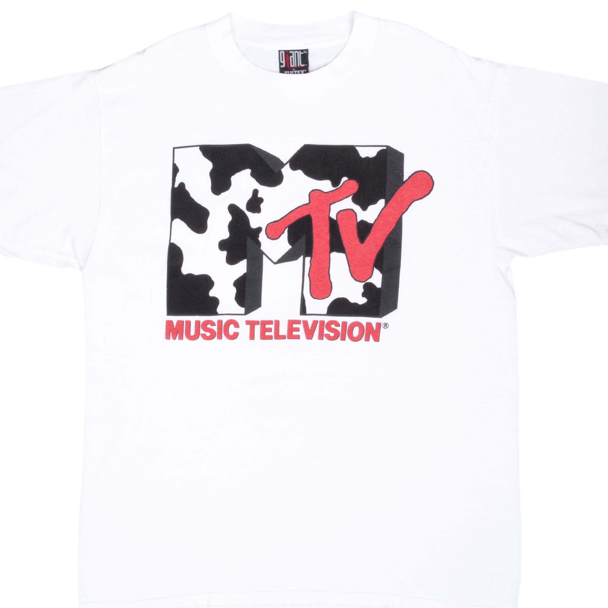 Front of white MTV T-shirt with black cow-print logo and red Music Television lettering