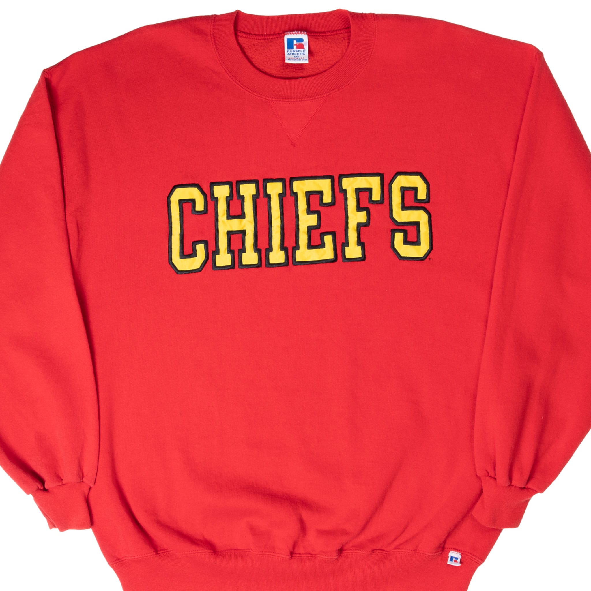 Front of red Kansas City Chiefs sweatshirt with yellow embroidered lettering