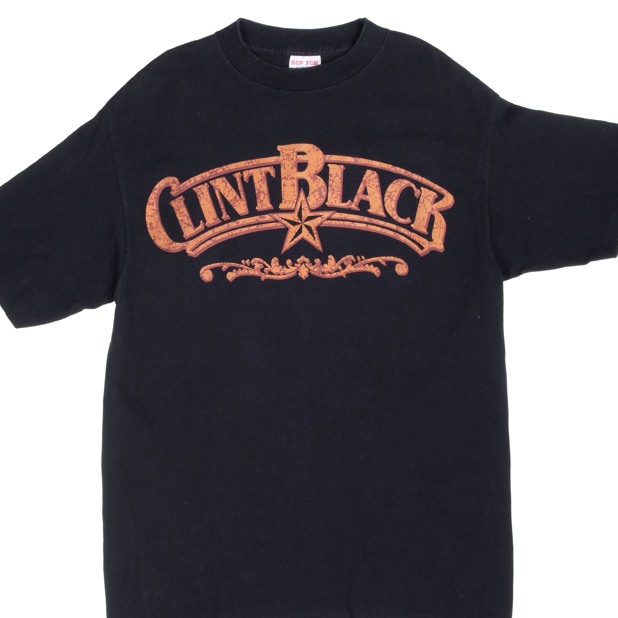 Front of black Clint Black T-shirt with large orange star logo
