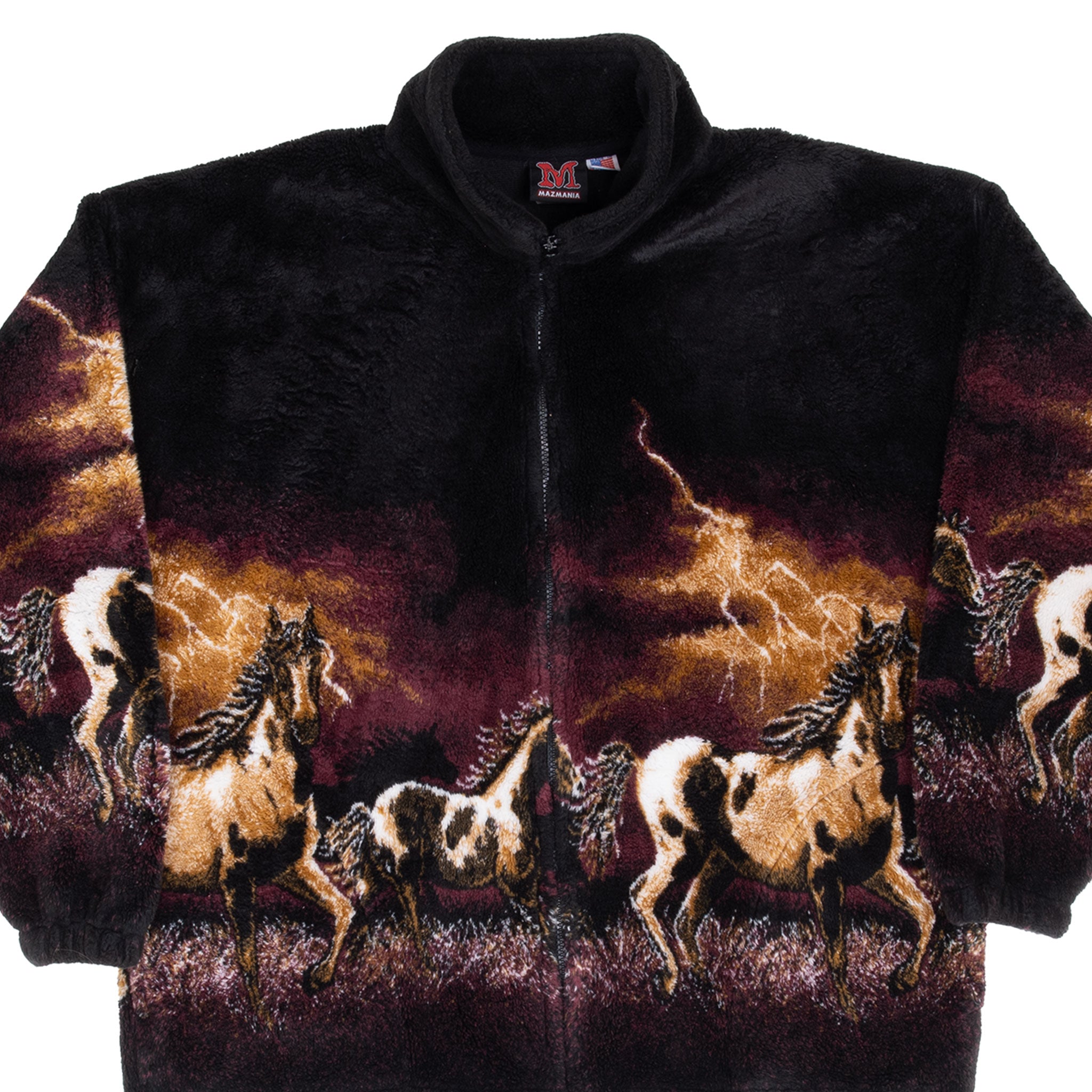 Vintage Animal Print Wild Horses Fleece Jacket 1990S Size Large Made In Usa