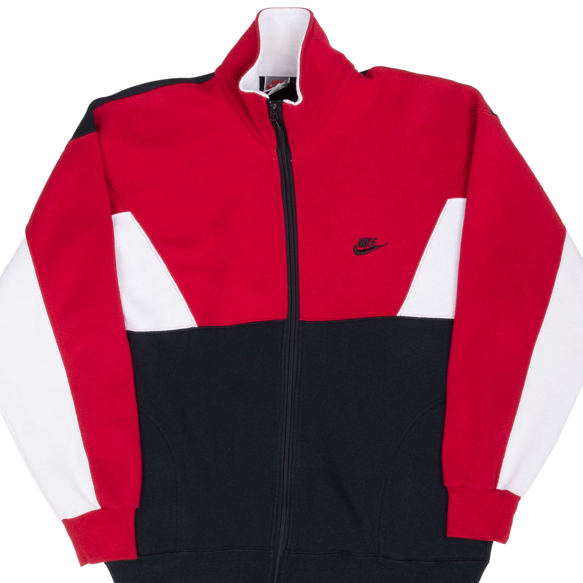 Front of red, black and white Nike full-zip sweatshirt with stand collar and embroidered Swoosh