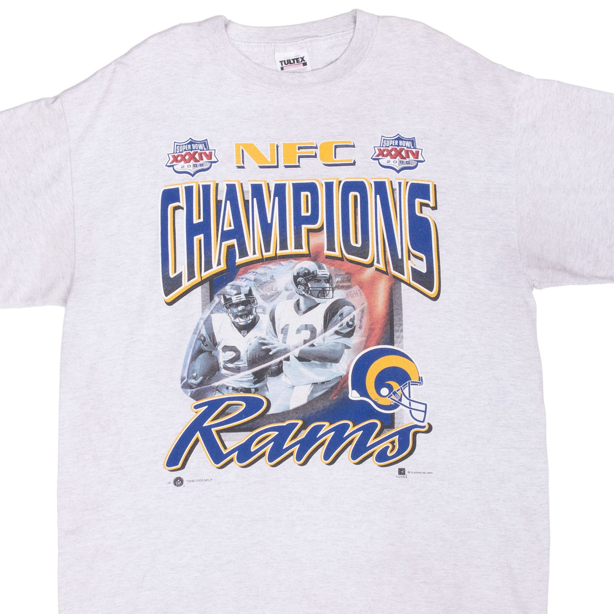Front of light gray St. Louis Rams 2000 NFC Champions T-shirt with players and helmet graphic