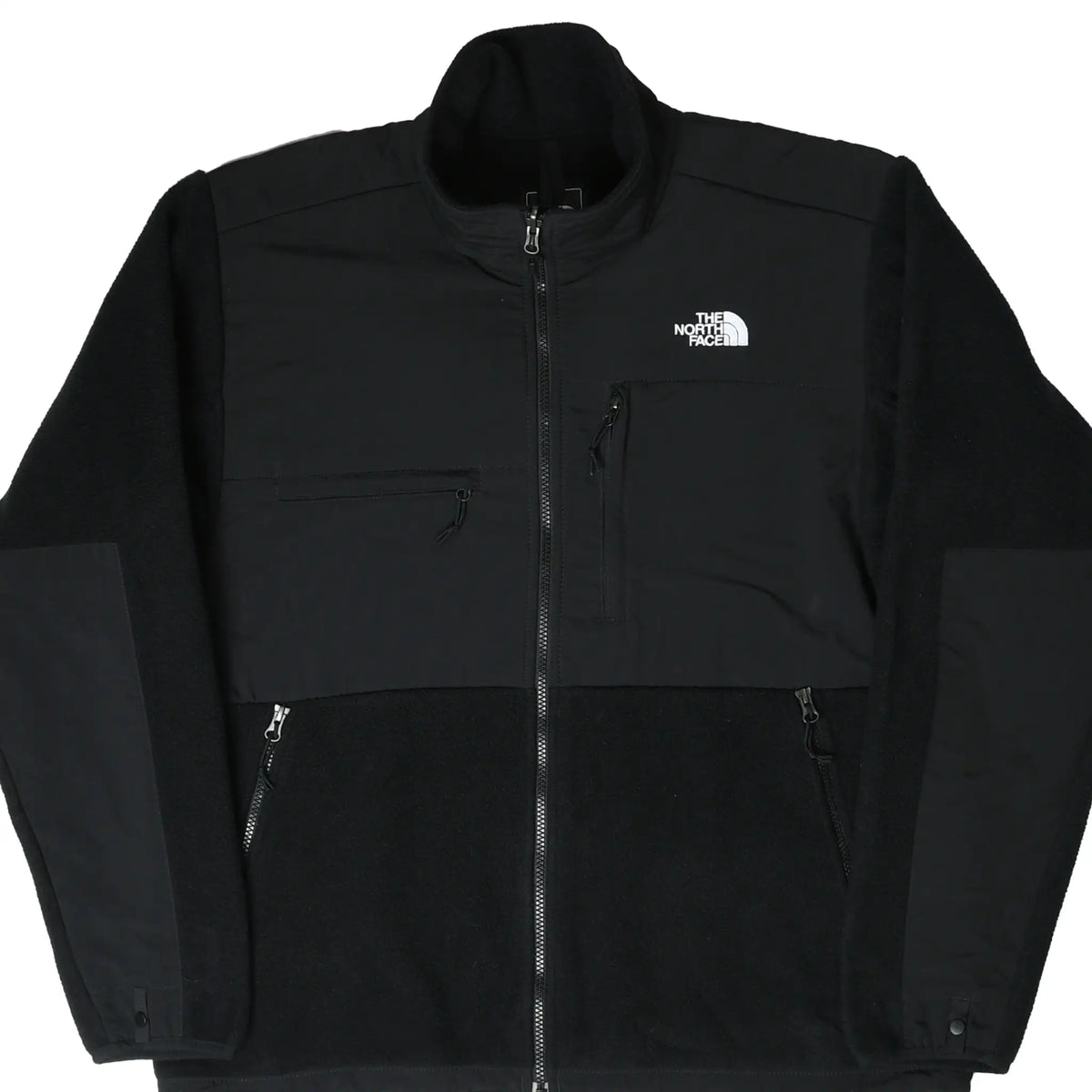 Front of The North Face Denali black fleece jacket with chest logo and zip pockets