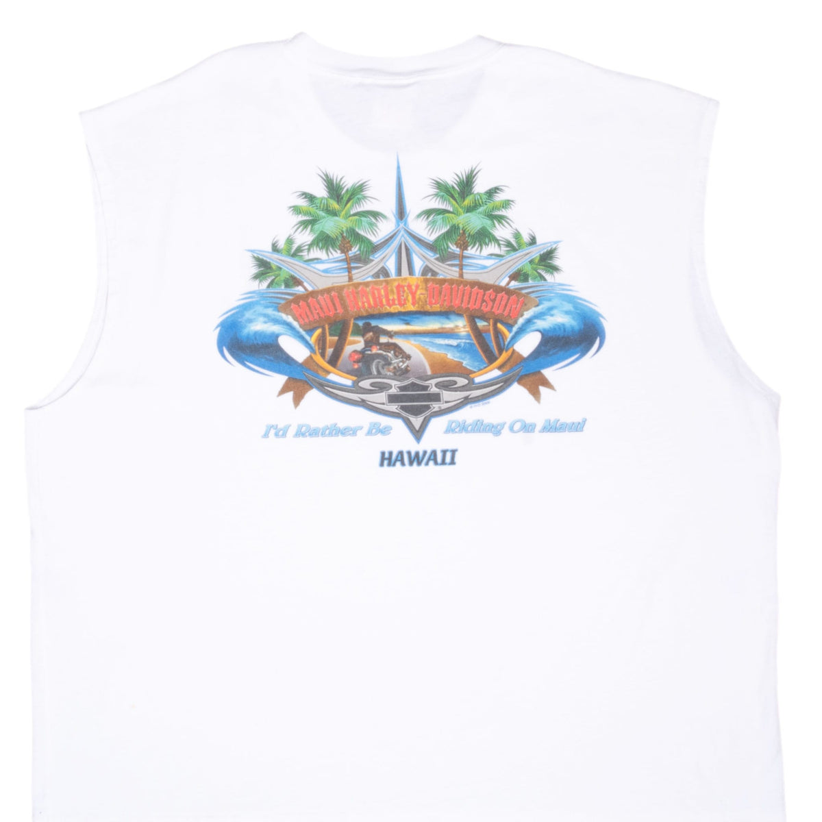 Back of white Harley-Davidson Maui tank top with motorcycle, palm tree and wave graphic