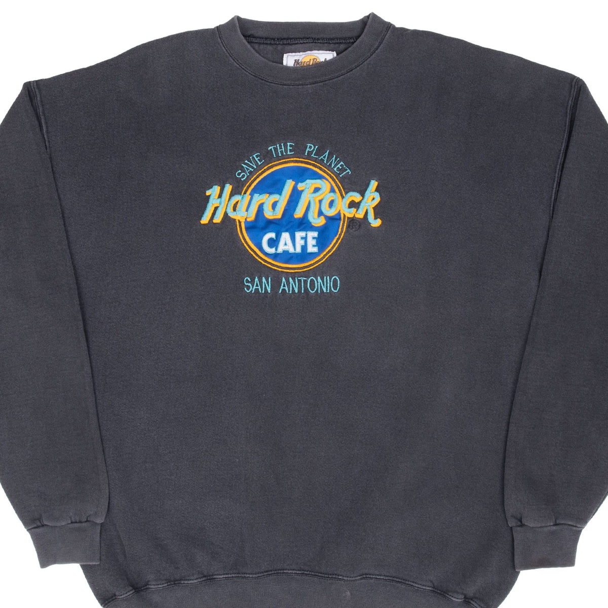 Front of dark gray Hard Rock Cafe San Antonio Save the Planet crewneck sweatshirt