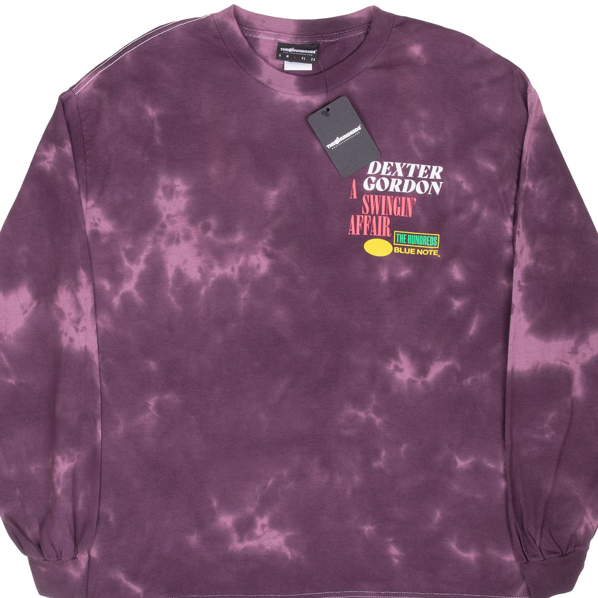 Front of purple tie-dye The Hundreds x Blue Note long-sleeve shirt with Dexter Gordon chest graphic