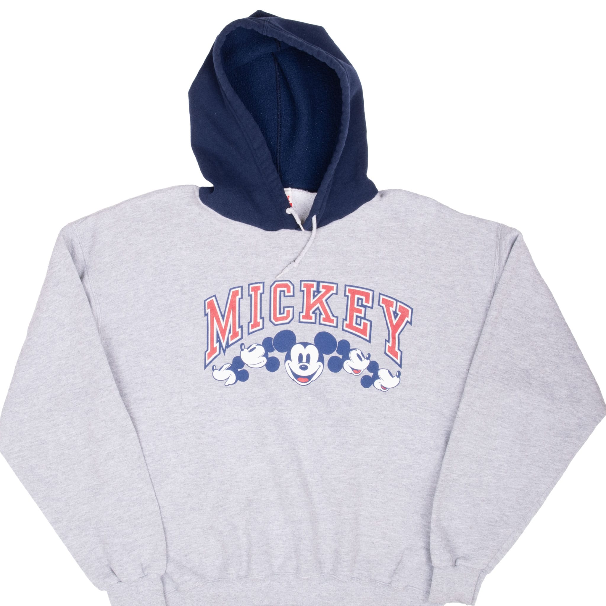 Front of gray Disney Mickey Mouse pullover hoodie with navy hood and collegiate chest graphic