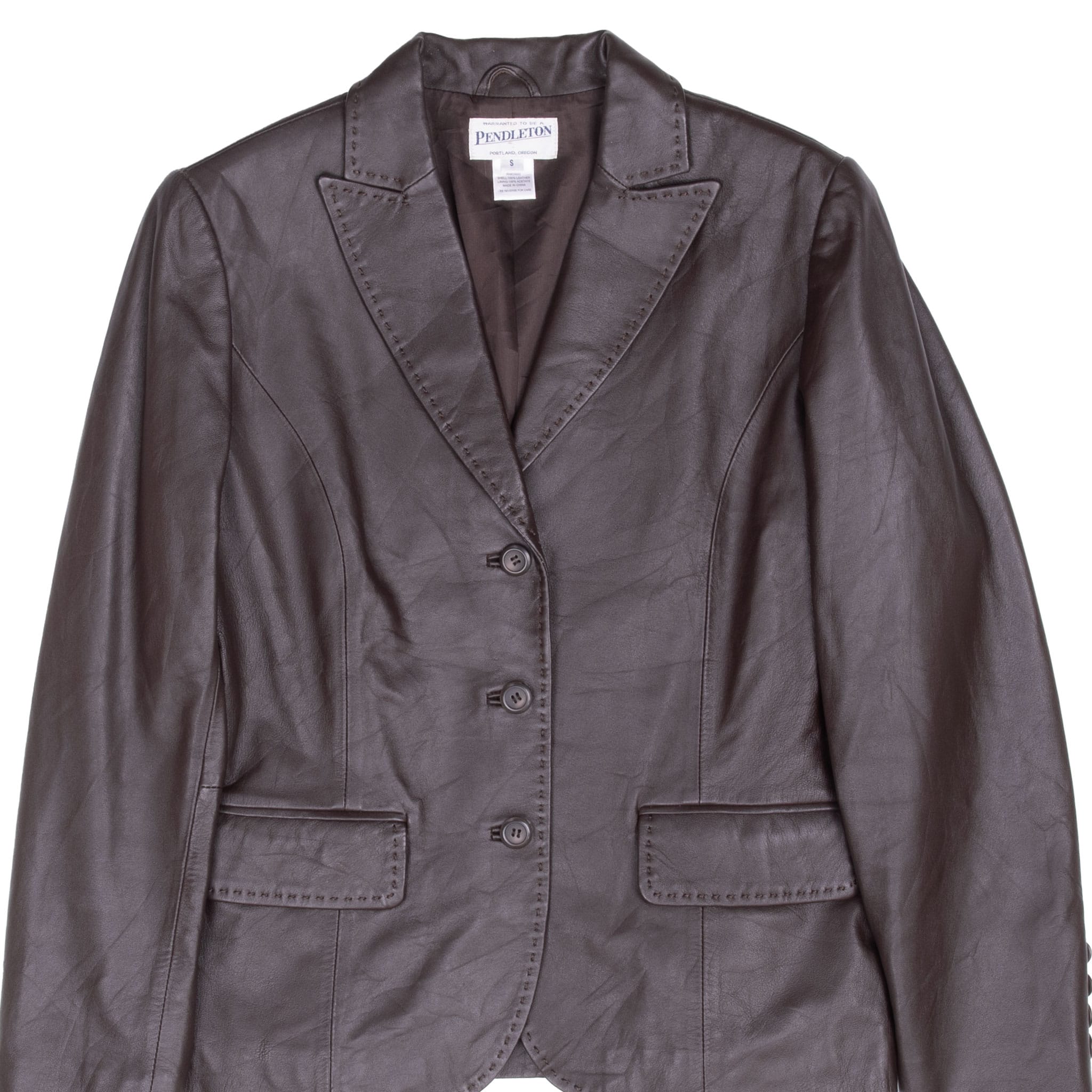 Front upper view of Pendleton brown leather blazer with notched lapels and three-button closure