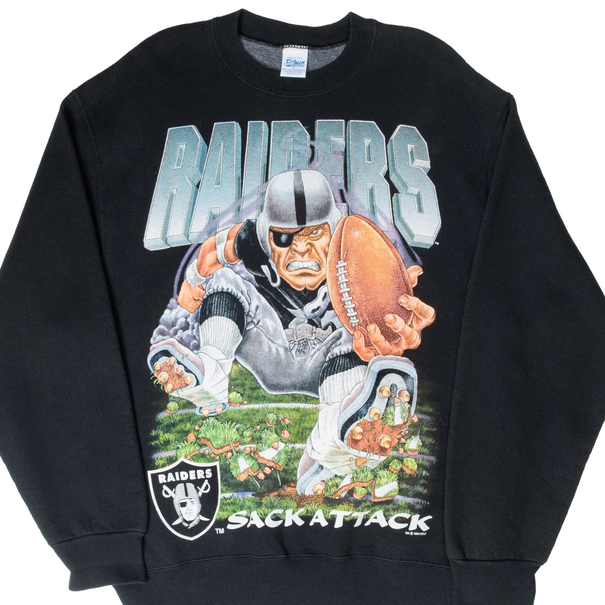 Front of black Los Angeles Raiders Sack Attack crewneck sweatshirt with oversized football graphic