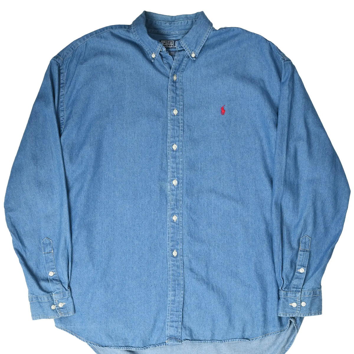 Front of blue Ralph Lauren Blake denim button-down shirt with red pony embroidery