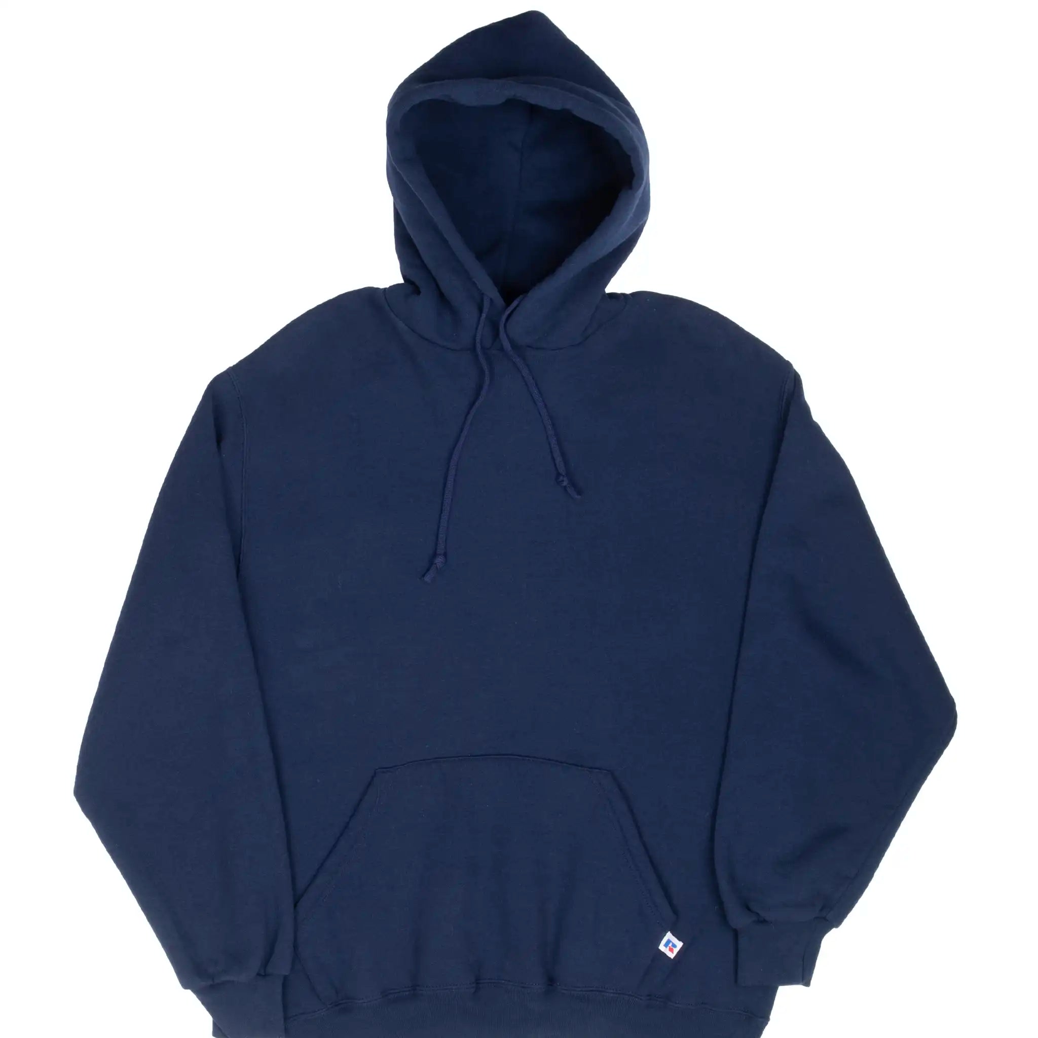 Front of navy blue Russell Athletic blank pullover hoodie with kangaroo pocket
