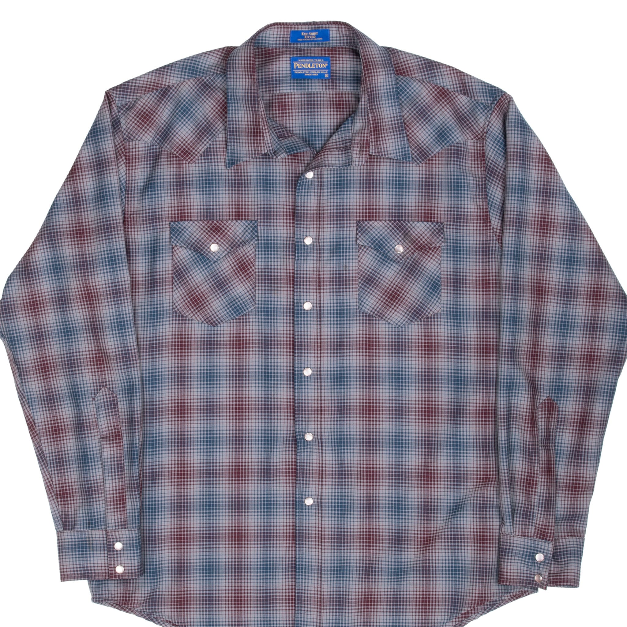 Front of Pendleton grey, blue and burgundy plaid western shirt with pearl-style snaps
