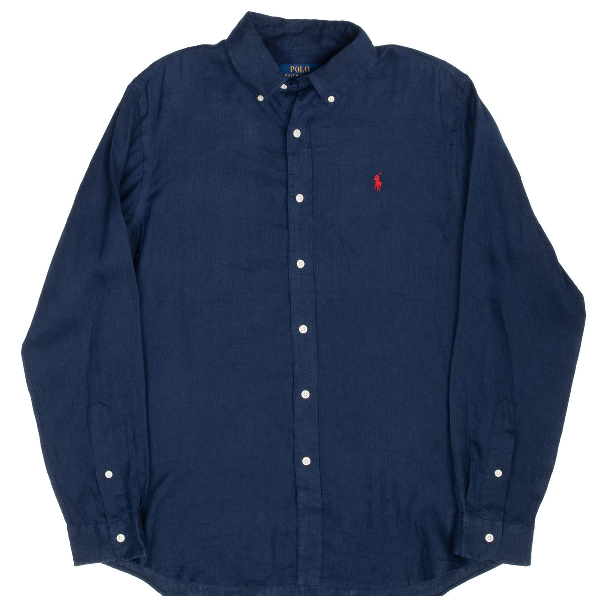 Front of Polo Ralph Lauren navy linen button-down shirt with red pony embroidery