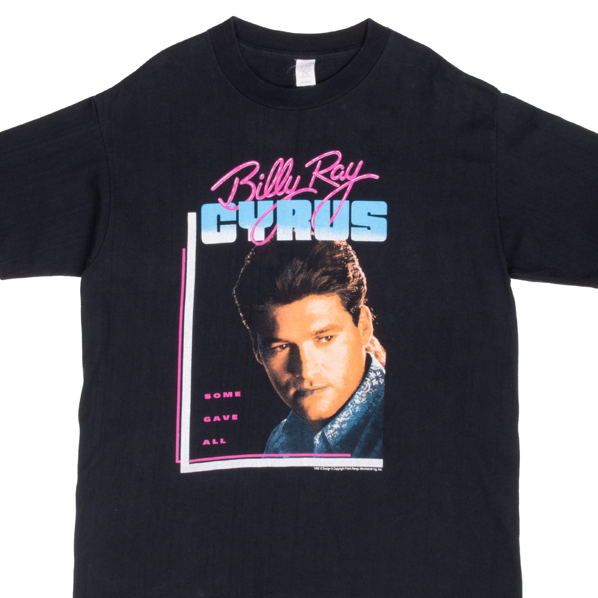 Front of black Billy Ray Cyrus T-shirt with portrait and Some Gave All graphic