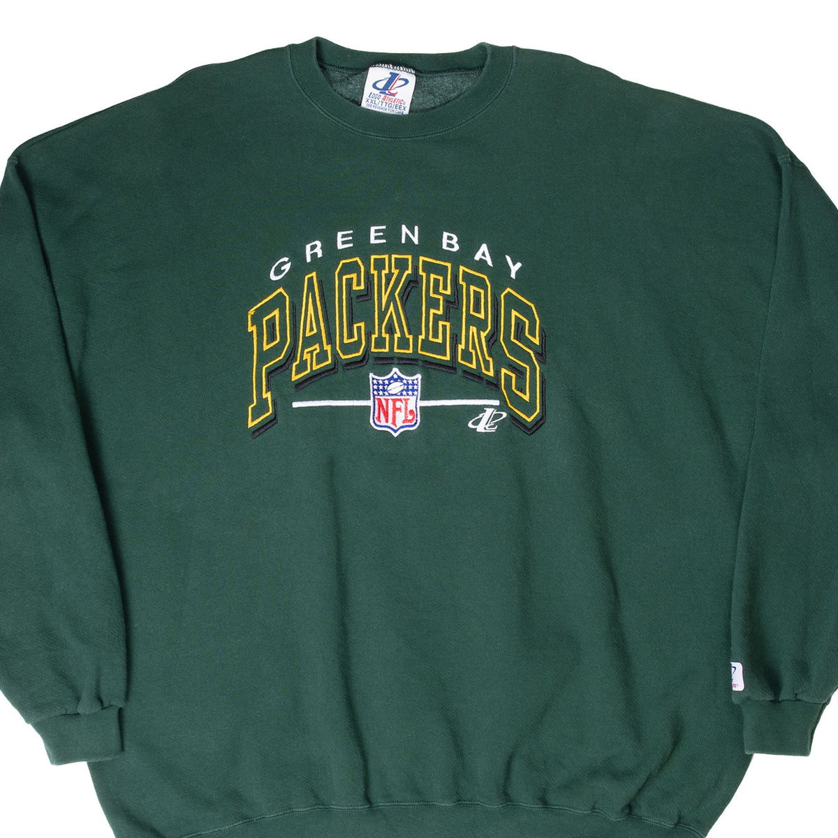 Front of green Green Bay Packers crewneck sweatshirt with embroidered lettering and NFL shield