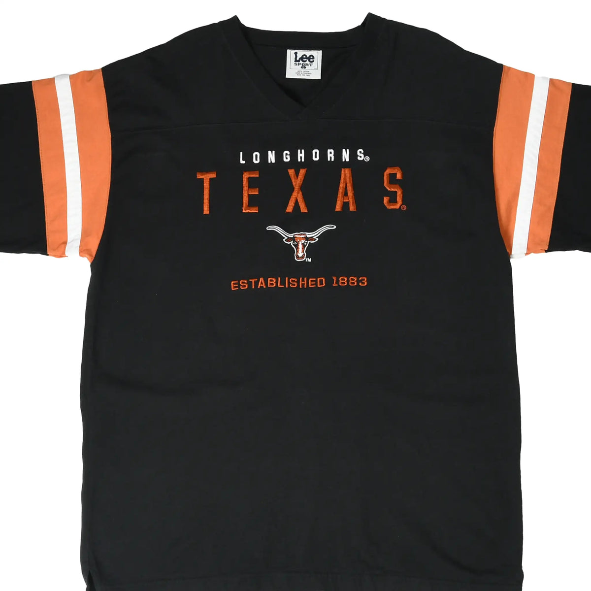 Front of black Texas Longhorns T-shirt with embroidered logo and orange-and-white sleeve stripes