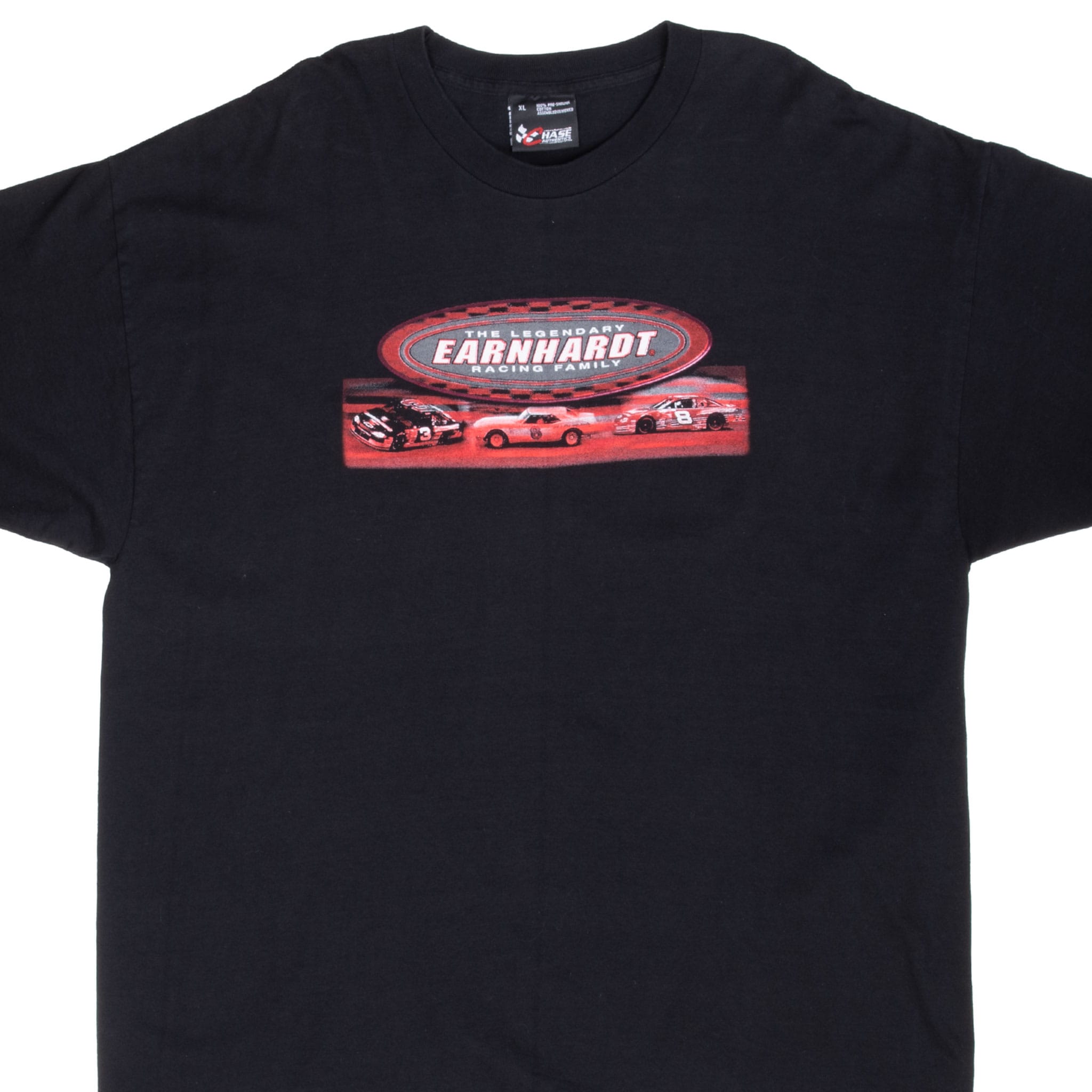 Front of black NASCAR Earnhardt Racing Family T-shirt with red, white and gray race car graphic