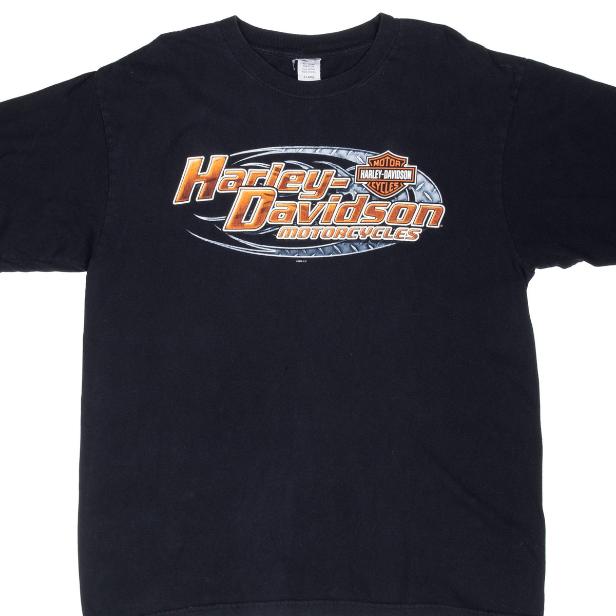 Front of black Harley-Davidson T-shirt with orange, white and gray chest graphic