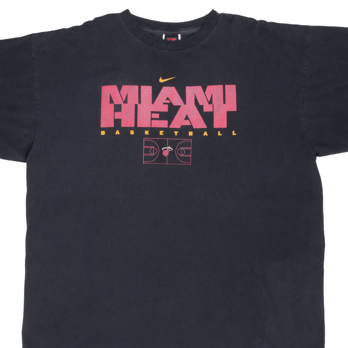 Front of black Nike Miami Heat T-shirt with red and yellow basketball court graphic