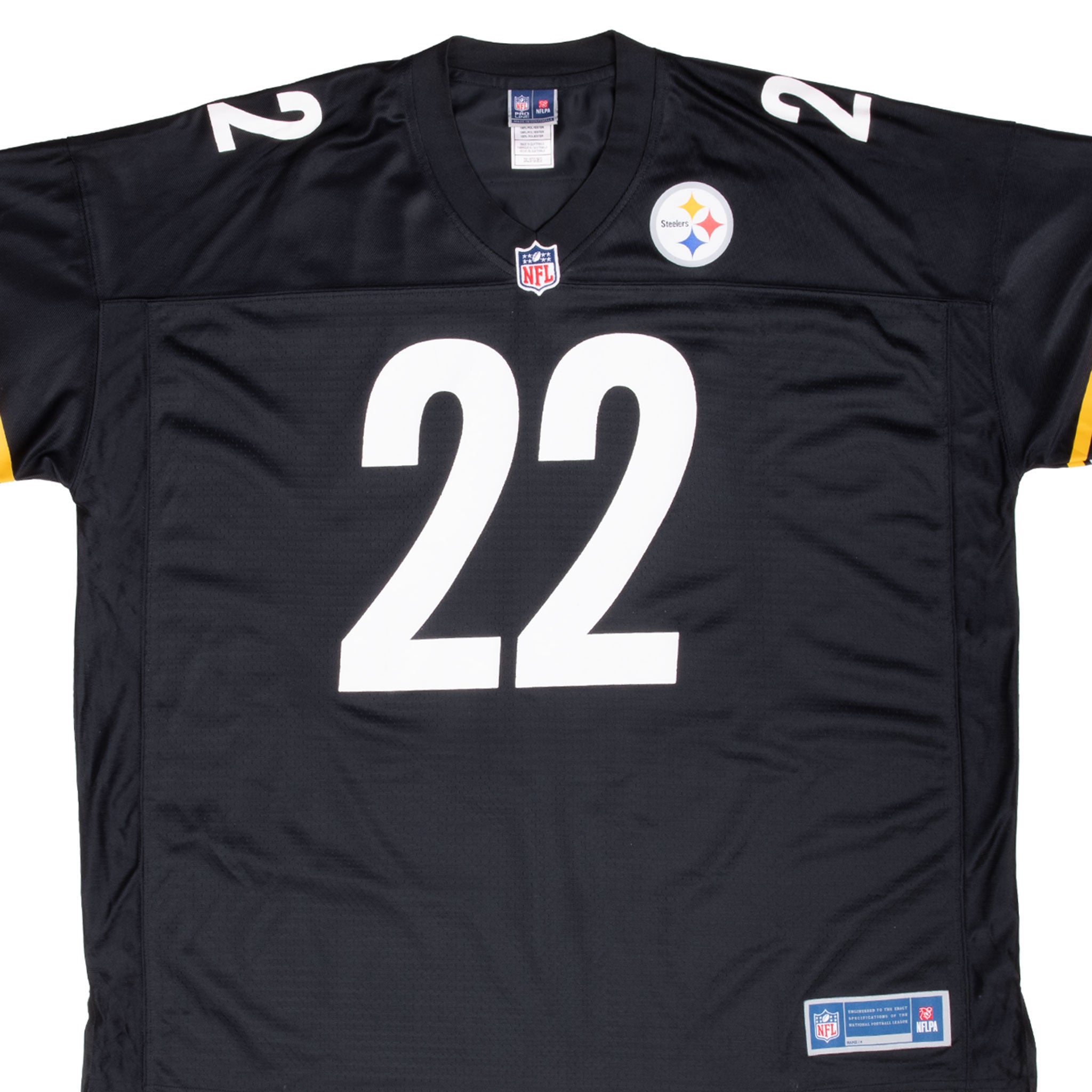 Front detail of black Pittsburgh Steelers Harris #22 jersey with NFL shield and team logo