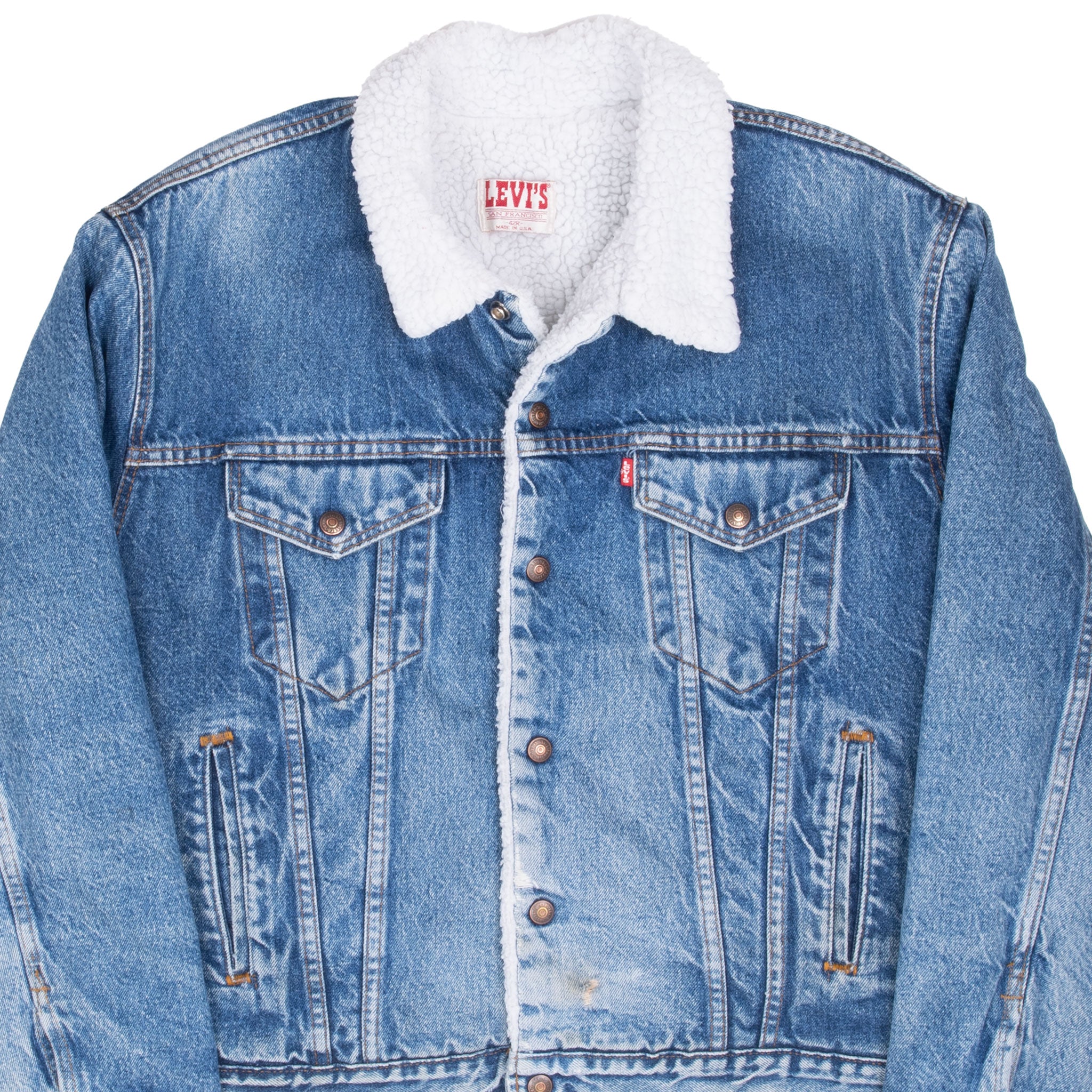 Vintage Levis Sherpa Trucker Blue Denim Jacket 1980S Size 42R Made In Usa