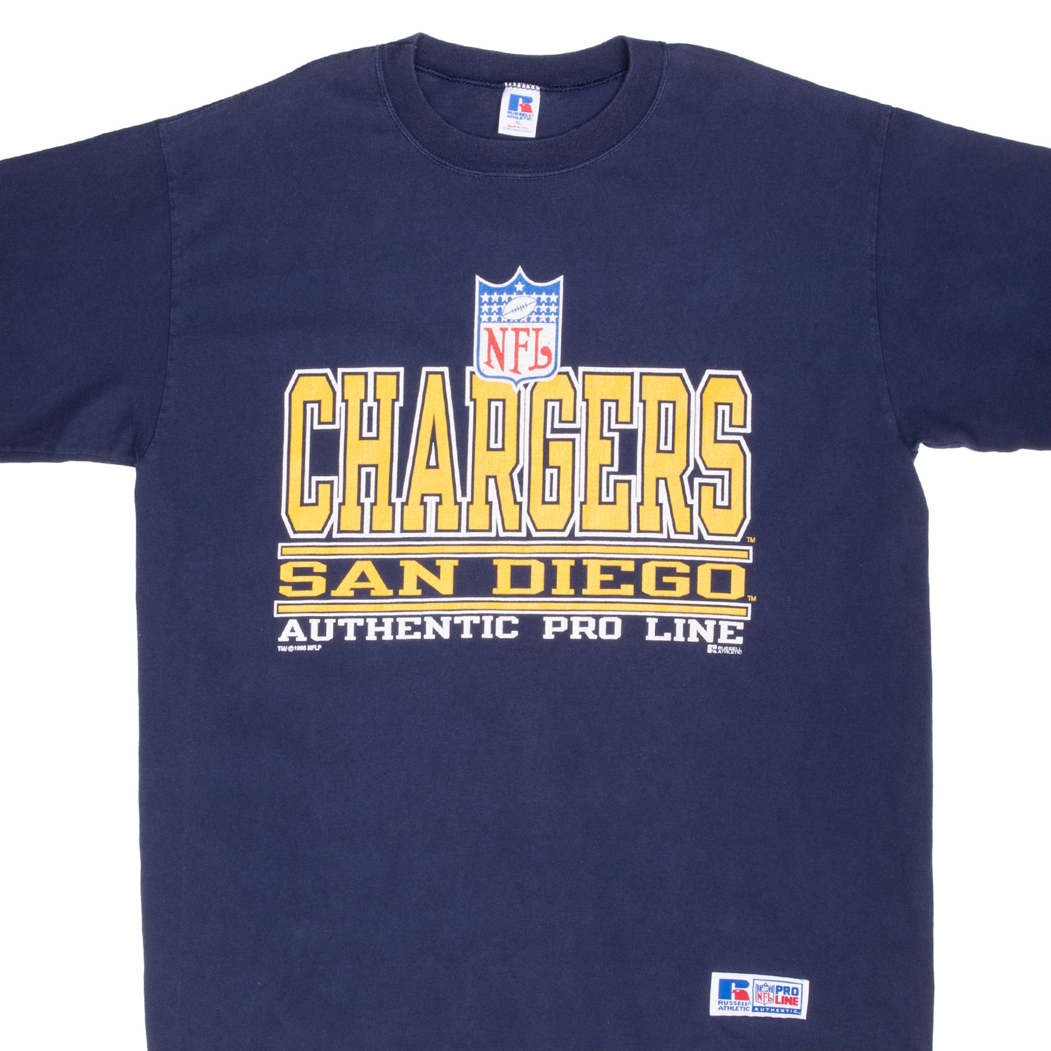 Front detail of navy Russell Athletic San Diego Chargers T-shirt with NFL graphic and hem patch