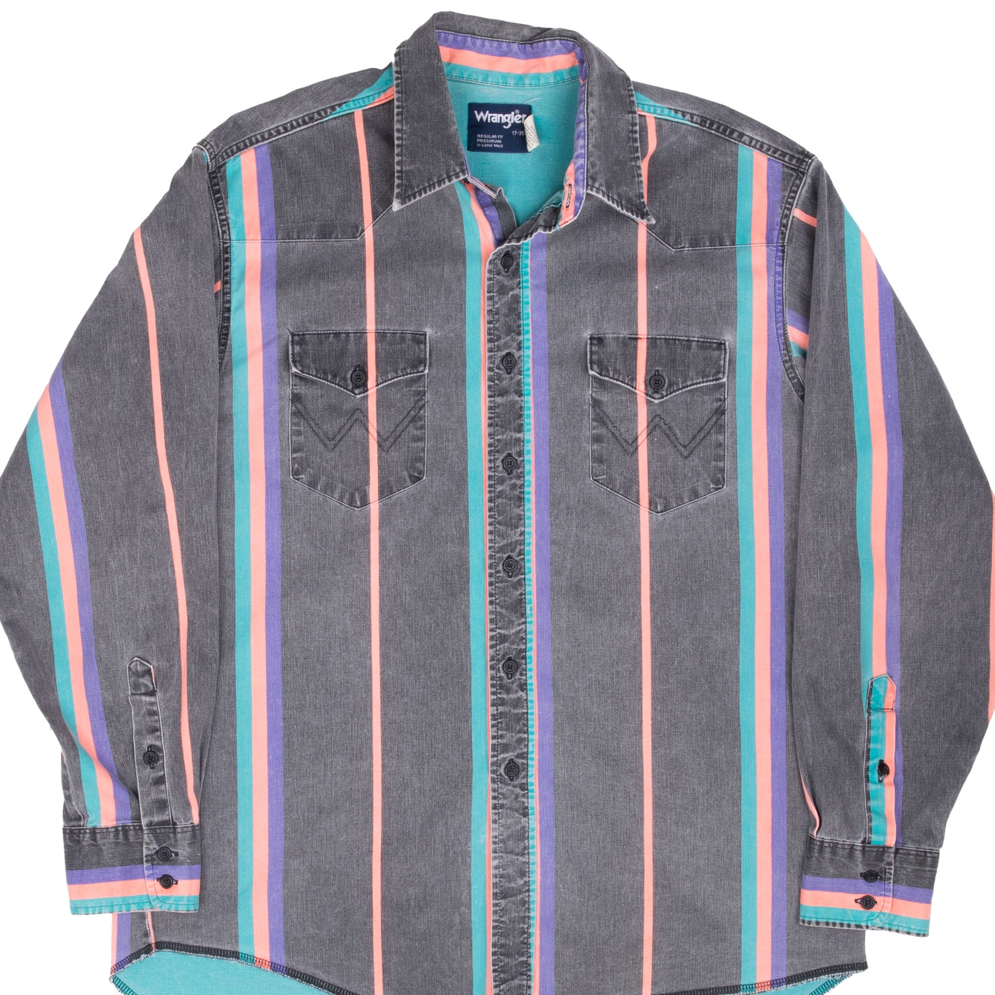 Front of Wrangler Brushpopper shirt with charcoal, turquoise, coral and purple stripes